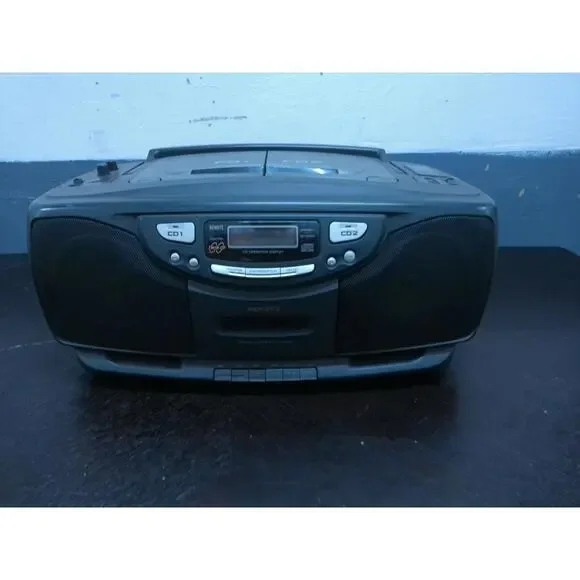 Audiovox Radio Player Boombox CE-203 Twin CD Stereo Cassette Recorder in Gray